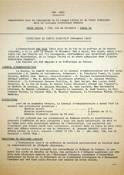 Revue N°1 (num.) - Una Voce - Directives du Comité Directeur (Déc.1964)