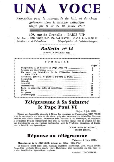 Revue N° 14 (num.) - Una Voce - Télégramme à Sa Sainteté le Pape Paul VI