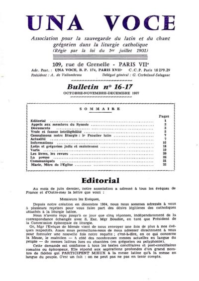 Revue N° 16-17 (num.) - Una Voce - Editorial : Appel aux membres du Synode