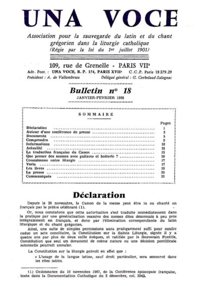 Revue N° 18 (num.) - Una Voce - Déclaration