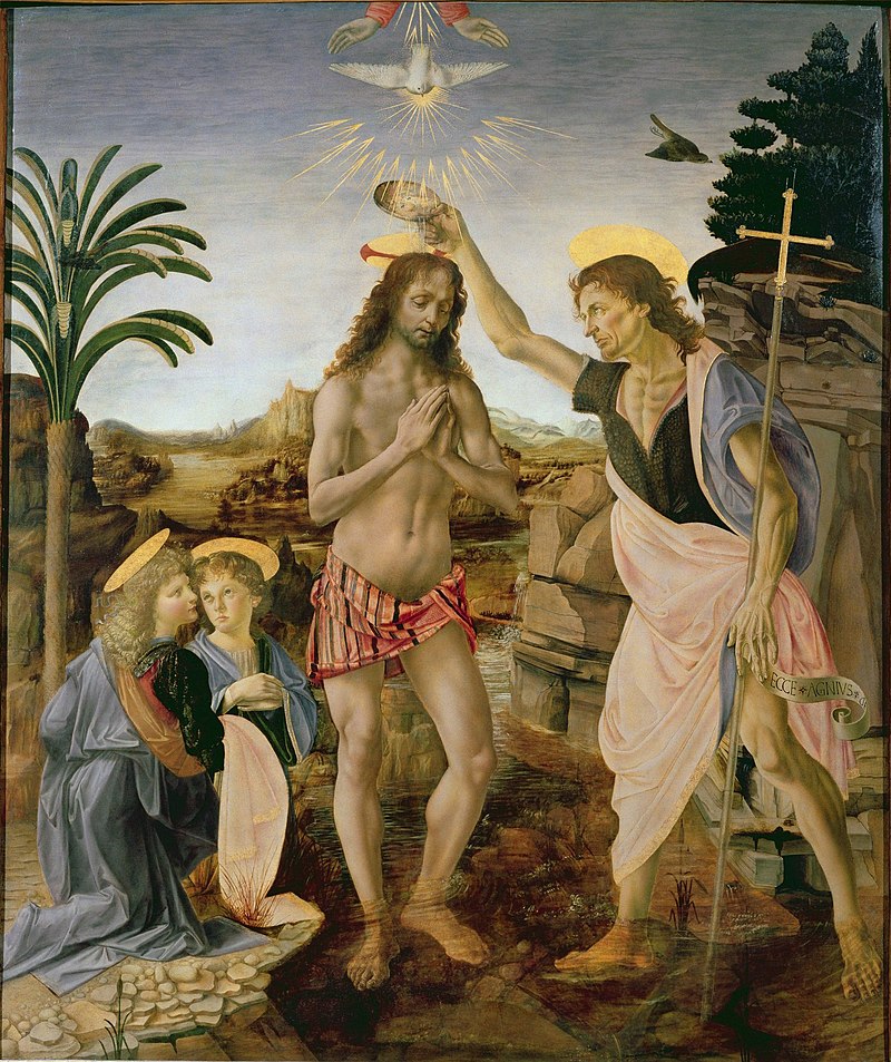 Le Baptême du Christ, commencé par Andrea del Verrocchio et achevé par Léonard de Vinci entre 1472 et 1475 - Troisième dimanche de l'Avent Gaudete