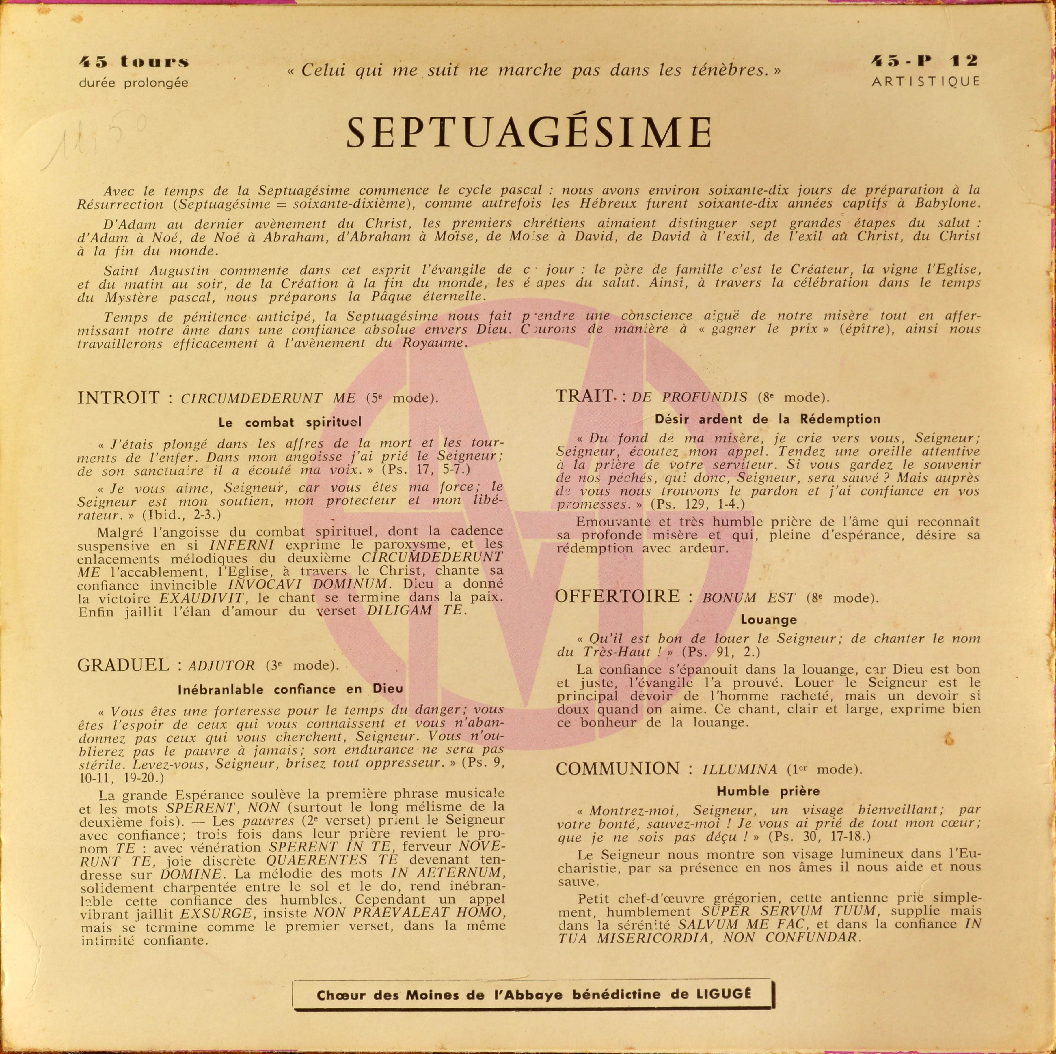 emission_radio_Ligugé - Septuagésime - Pochette microsillon 45 T