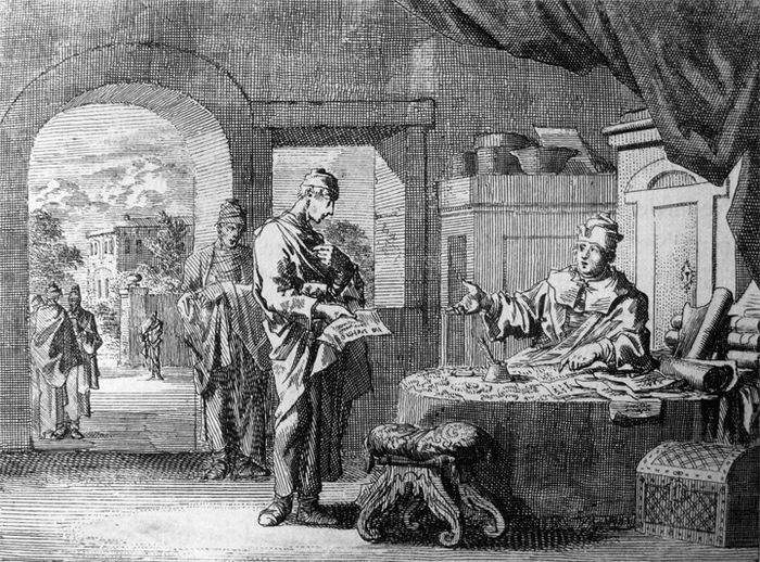 Jan Luyken - Gravure illustrant la parabole de l’économe infidèle dans Luc 16:1-9 ( Bowyer Bible, Bolton, Angleterre)