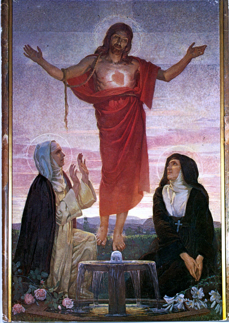 Peinture de la bienheureuse Marie du Divin Cœur (Maria Droste zu Vischering) et de sainte Marguerite-Marie Alacoque, les deux en adoration du Sacré-Cœur de Jésus.